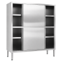 Armoire haute professionnelle en inox avec portes coulissantes, étagères intérieures et quatre pieds réglables.