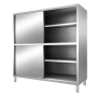 Vue trois-quarts de l’armoire inox avec portes coulissantes partiellement ouvertes et étagères intérieures visibles.