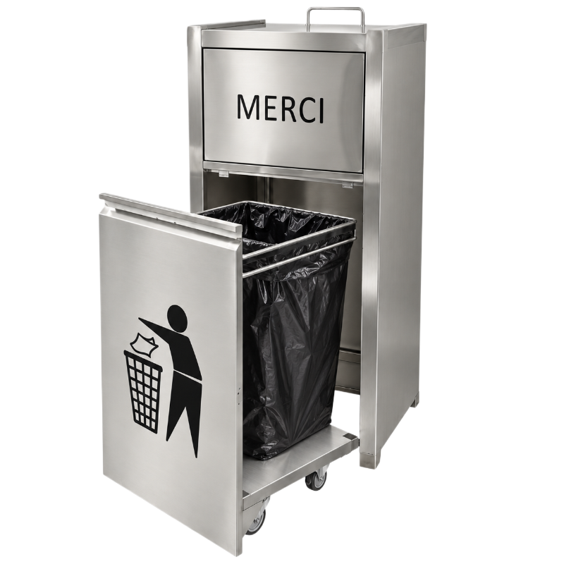 Poubelle professionnelle en inox ouverte avec sac poubelle noir installé sur le support coulissant.