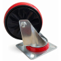 Gros plan d’une roulette industrielle avec roue rouge et noire, montée sur une chape métallique galvanisée. La roulette dispose 