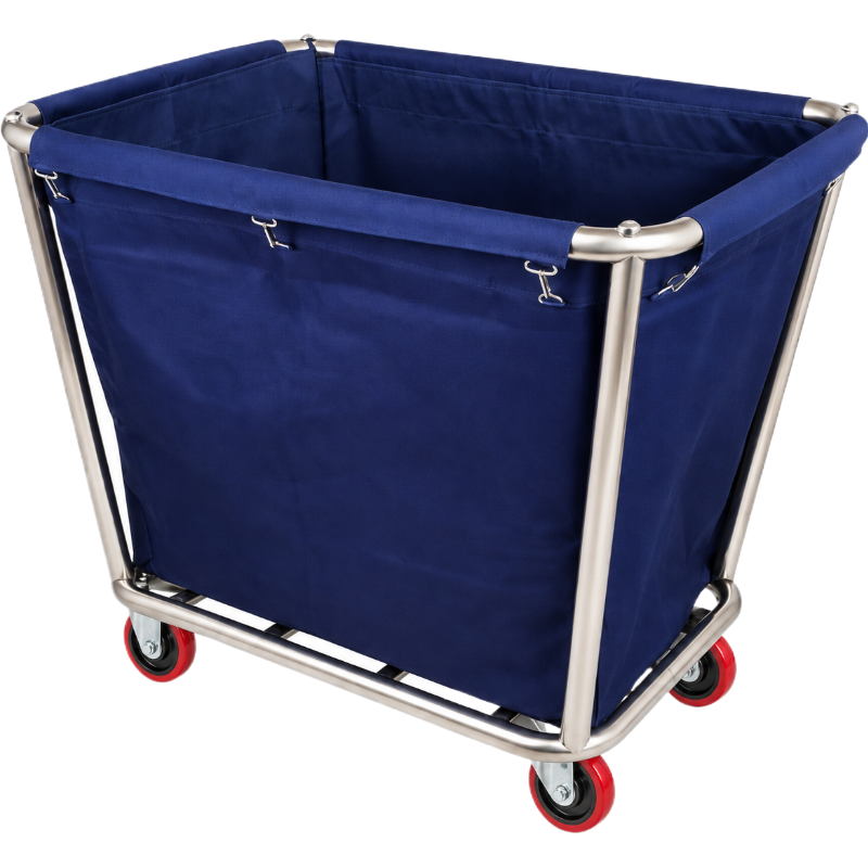 Chariot professionnel rectangulaire équipé d’une structure tubulaire métallique, d’un grand sac en toile bleu foncé et de quatre