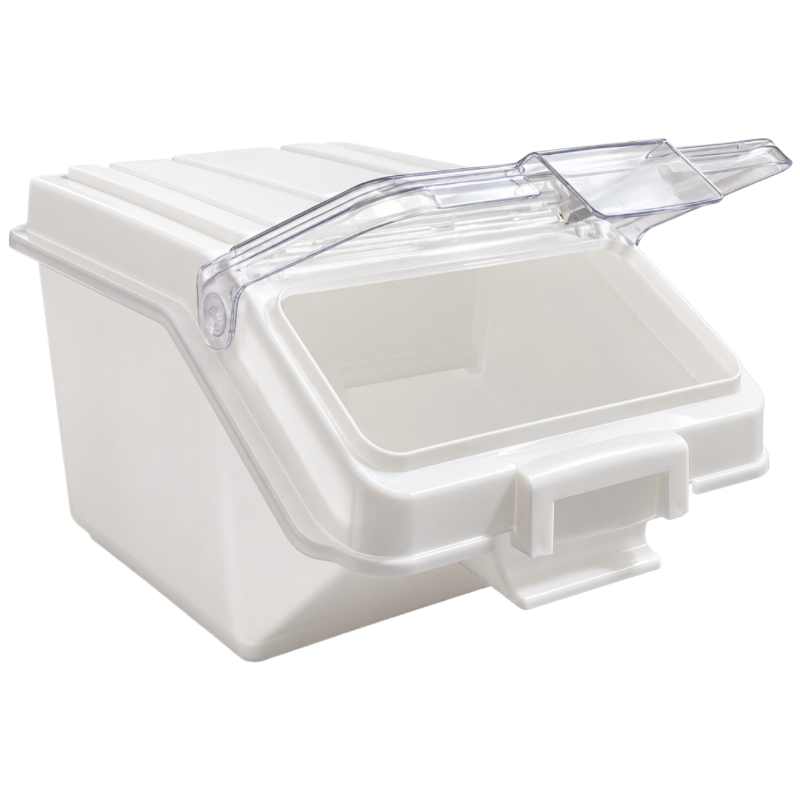 Bac à ingrédients blanc présenté ouvert, avec son couvercle transparent relevé donnant accès à la large ouverture frontale.
