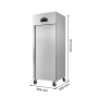 Vue de trois quarts de l’armoire réfrigérée inox sur roulettes, avec ses dimensions indiquées : 696 mm de largeur, 830 mm de pro