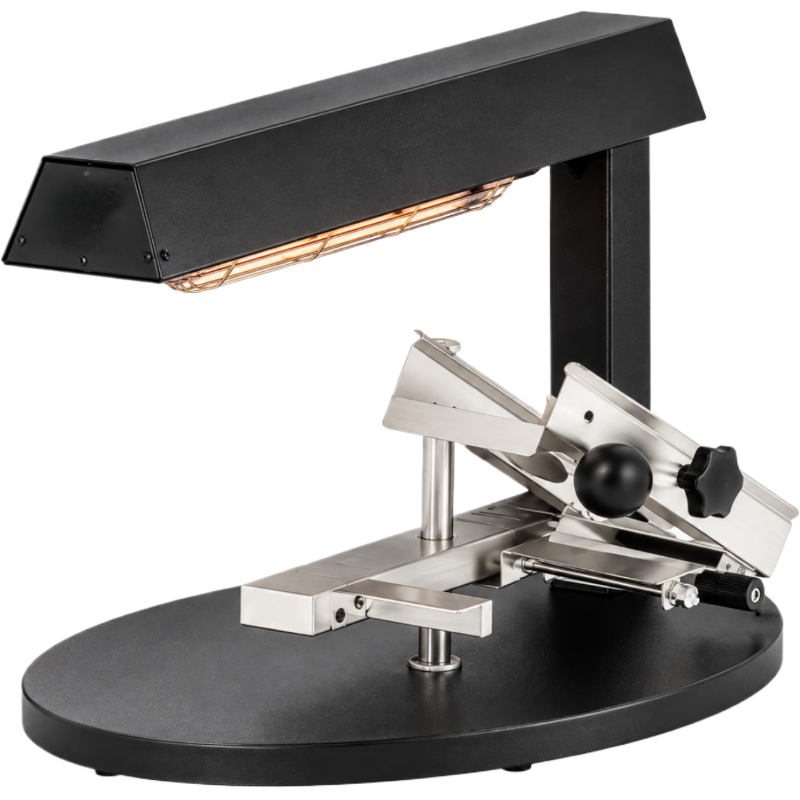 Appareil à raclette professionnel présenté sur fond blanc, sans fromage. Structure noire avec résistance chauffante supérieure a