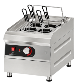Cuiseur à pâtes électrique professionnel en inox, présenté de trois quarts sur fond blanc. Il dispose de quatre paniers ronds am
