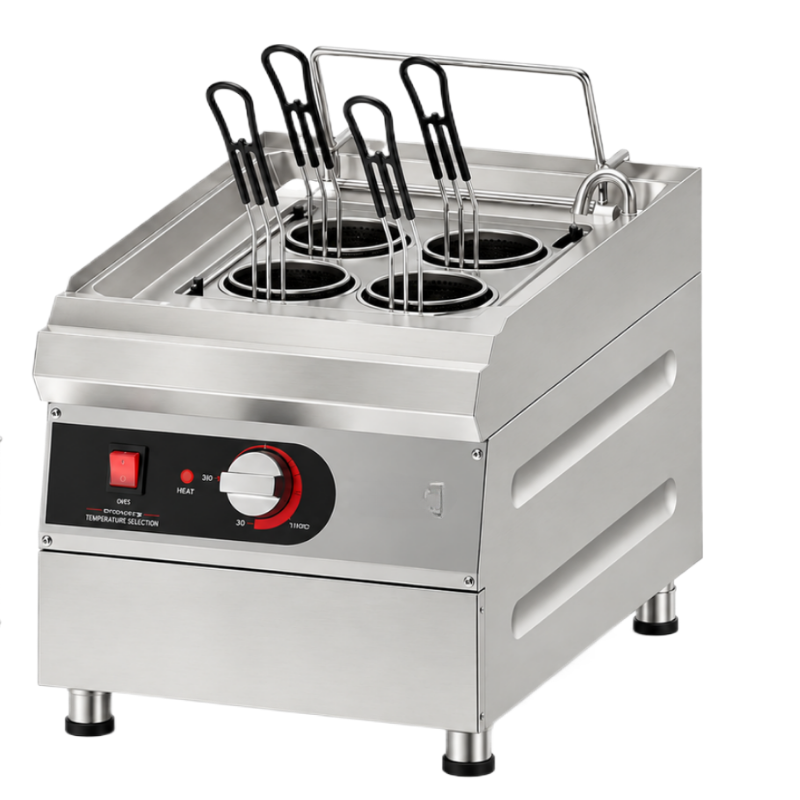 Cuiseur à pâtes électrique professionnel en inox, présenté de trois quarts sur fond blanc. Il dispose de quatre paniers ronds am
