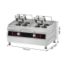 Cuiseur à pâtes professionnel en inox, présenté de trois quarts sur fond blanc, avec ses deux cuves et huit supports de paniers.