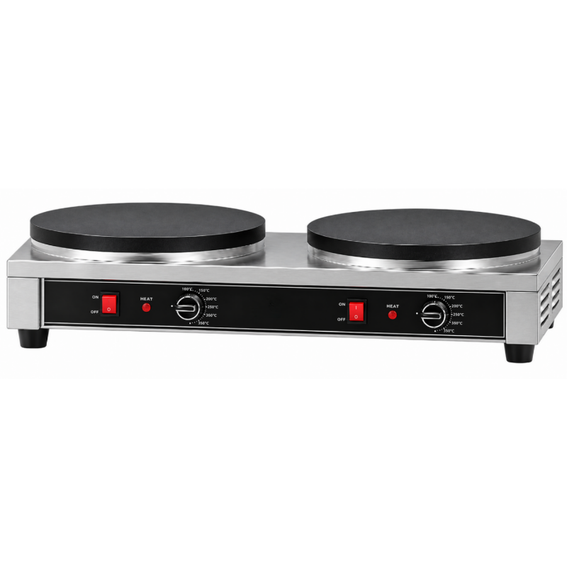 Crêpière électrique professionnelle double en inox, présentée sur fond blanc. Deux grandes plaques de cuisson circulaires noires
