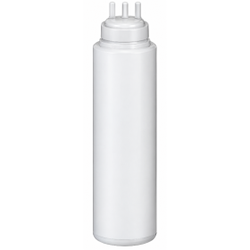 Bouteille souple blanche de forme cylindrique, équipée d’un bouchon à trois becs verseurs fins et parallèles. Le corps lisse et 
