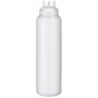 Bouteille souple blanche de forme cylindrique, équipée d’un bouchon à trois becs verseurs fins et parallèles. Le corps lisse et 