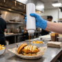Dans une cuisine professionnelle, une main portant un gant bleu tient une bouteille souple blanche à trois becs verseurs, orient
