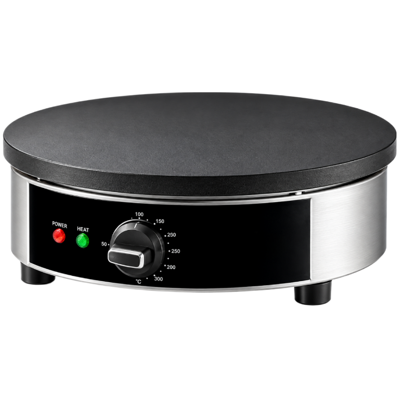Crêpière électrique professionnelle dotée d’une large plaque de cuisson ronde noire, reposant sur un socle en acier inoxydable b