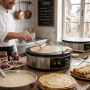 Crêpière électrique professionnelle utilisée dans une crêperie. Un cuisinier en tenue blanche étale de la pâte sur la plaque cha
