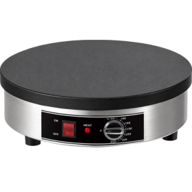 Crêpière électrique professionnelle ronde, dotée d’une plaque de cuisson noire, d’un châssis en acier inoxydable, d’un interrupt