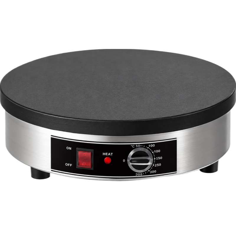 Crêpière électrique professionnelle ronde, dotée d’une plaque de cuisson noire, d’un châssis en acier inoxydable, d’un interrupt