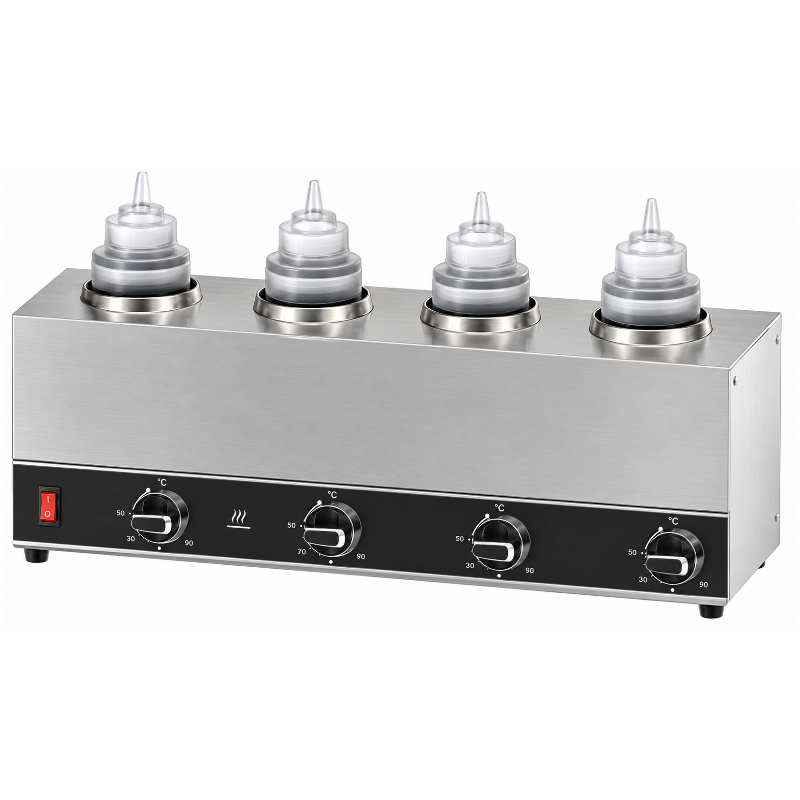 Chauffe-sauces professionnel électrique en acier inoxydable, équipé de quatre emplacements pour bouteilles souples avec embouts