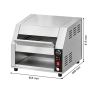 Grille-pain convoyeur professionnel en acier inoxydable, présenté de trois quarts sur fond blanc. Dimensions : 465 mm de largeur