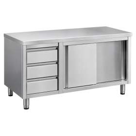 : Table de travail professionnelle en acier inoxydable avec plateau supérieur lisse, trois tiroirs superposés à gauche et placar