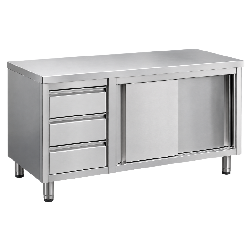 : Table de travail professionnelle en acier inoxydable avec plateau supérieur lisse, trois tiroirs superposés à gauche et placar