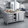 Table de travail inox installée dans une cuisine professionnelle moderne, avec légumes, ustensiles et saladiers disposés sur le 