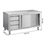 Vue de la table inox avec ses dimensions : 1200 mm de longueur, 600 mm de profondeur et 850 mm de hauteur. Trois tiroirs à gauch