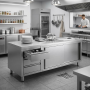 Table de travail inox installée au centre d'une cuisine professionnelle moderne. Le tiroir supérieur est ouvert et contient des 