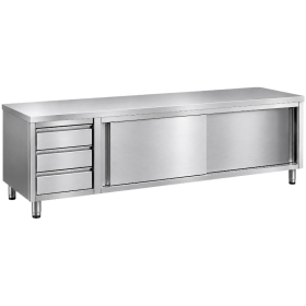 Vue en perspective d’un meuble bas professionnel en inox brossé, présenté sur fond blanc. Le meuble possède un grand plateau sup
