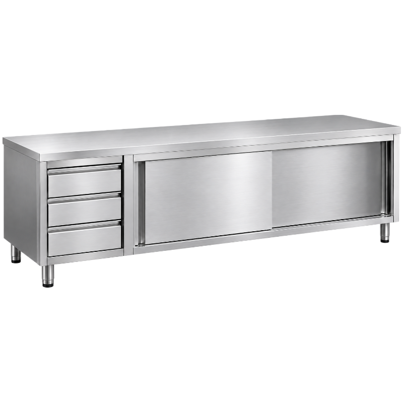 Vue en perspective d’un meuble bas professionnel en inox brossé, présenté sur fond blanc. Le meuble possède un grand plateau sup