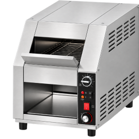 Grille-pain convoyeur professionnel en acier inoxydable brossé, équipé d'un tapis de cuisson, d'une sortie frontale, de boutons 