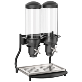 Distributeur de céréales professionnel double, composé de deux réservoirs cylindriques transparents de 3 litres chacun, avec cou