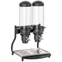 Distributeur de céréales professionnel double, composé de deux réservoirs cylindriques transparents de 3 litres chacun, avec cou