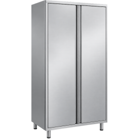 Armoire de rangement haute en acier inoxydable, dotée de deux portes battantes pleines, de poignées verticales intégrées et de q