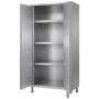 Armoire de rangement professionnelle en acier inoxydable, avec portes ouvertes laissant apparaître trois étagères intérieures et