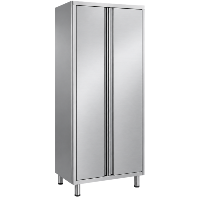 Armoire haute en acier inoxydable à deux portes fermées, avec poignées verticales intégrées et quatre pieds surélevés.