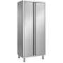 Armoire haute en acier inoxydable à deux portes fermées, avec poignées verticales intégrées et quatre pieds surélevés.