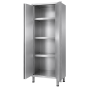 Armoire de rangement professionnelle en inox à deux portes battantes, équipée de trois étagères intérieures pour organiser le ma
