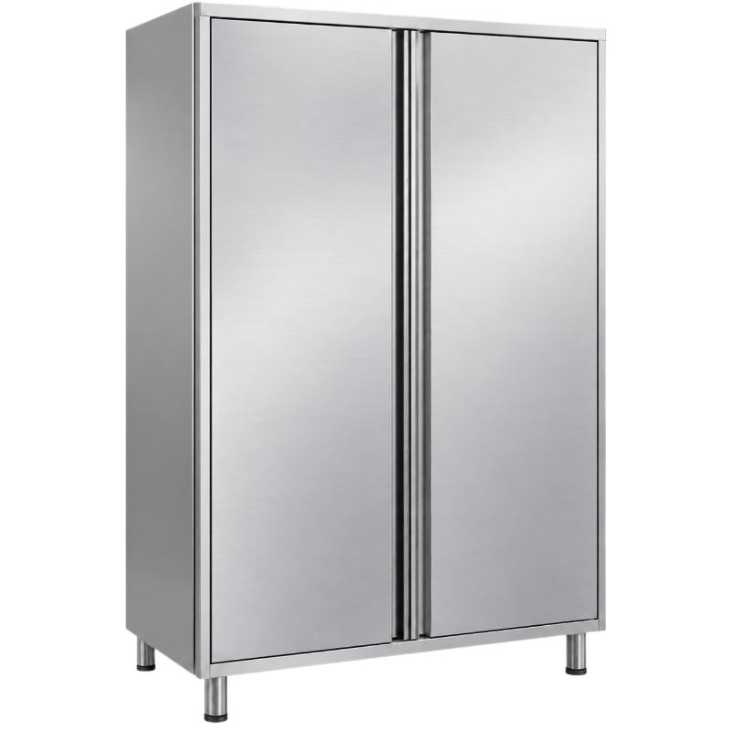 Armoire de rangement professionnelle en acier inoxydable, équipée de deux portes battantes avec poignées verticales intégrées et