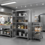Armoire de rangement inox installée dans une cuisine professionnelle, portes ouvertes, contenant casseroles, assiettes, ustensil