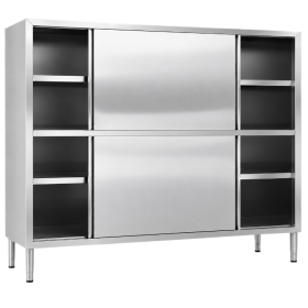  Armoire de rangement professionnelle en inox sur pieds, équipée de deux niveaux avec portes coulissantes et étagères de rangeme