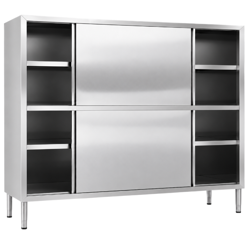 Armoire de rangement professionnelle en inox sur pieds, équipée de deux niveaux avec portes coulissantes et étagères de rangeme