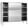  Armoire de rangement professionnelle en inox sur pieds, équipée de deux niveaux avec portes coulissantes et étagères de rangeme