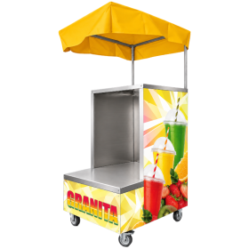 Chariot à granita professionnel en acier inoxydable, présenté en perspective sur fond blanc. Auvent jaune, plateau de travail in