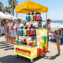 Chariot mobile à granita avec auvent jaune et deux machines à boissons glacées à trois cuves, installé sur une promenade en bord