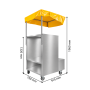 Vue arrière en perspective d'un chariot à granita en inox avec auvent jaune et quatre roulettes. Dimensions : 915 mm de longueur