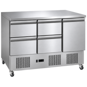 Table réfrigérée professionnelle en acier inoxydable, équipée de quatre tiroirs et d'une porte pleine, avec plan de travail inox