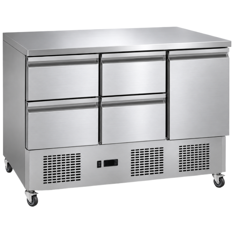 Table réfrigérée professionnelle en acier inoxydable, équipée de quatre tiroirs et d'une porte pleine, avec plan de travail inox