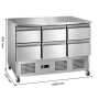 Table réfrigérée professionnelle à 6 tiroirs en inox, dimensions : 1365 mm de largeur, 700 mm de profondeur et 850 mm de hauteur
