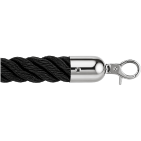 Cordon noir torsadé pour poteau de guidage, équipé d’un embout métallique chromé et d’un mousqueton de fixation argenté. Détail 