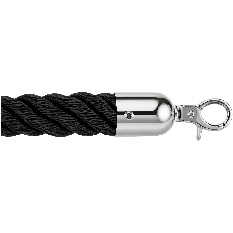 Cordon noir torsadé pour poteau de guidage, équipé d’un embout métallique chromé et d’un mousqueton de fixation argenté. Détail
