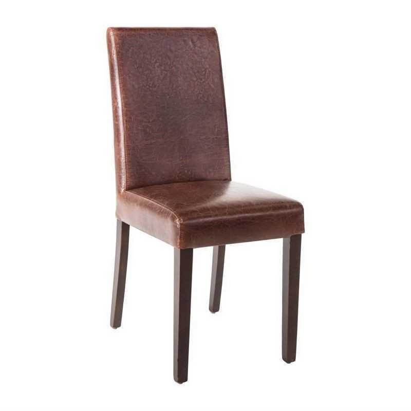 2 Chaise dossier haut en simili cuir marron foncé patiné